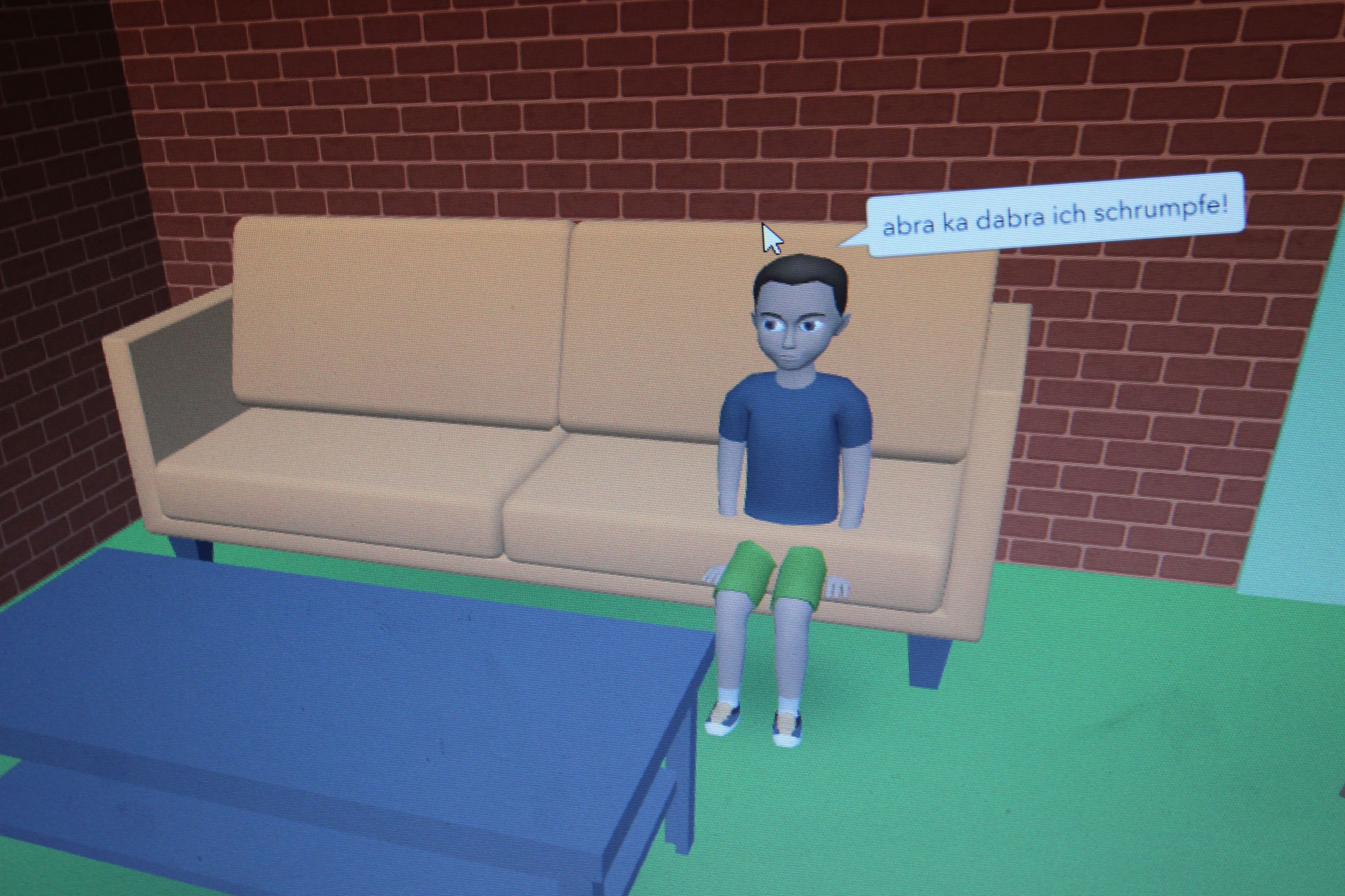 Eine 3D-Welt mit einem Sofa, einem Tisch und einem Menschen