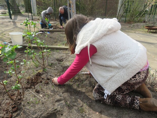 Mädchen hockt auf Hochbeet