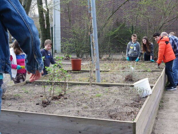 Kinder und Jugendliche stehen um ein Hochbeet